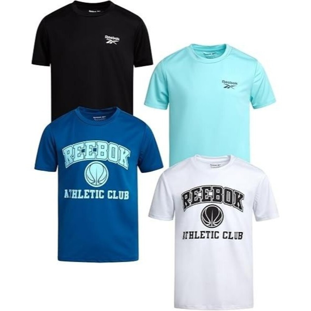 Reebok Boys 4 Pack T-Shirts 10-12 White Black Blue Aqua Short Sleeve Activewear